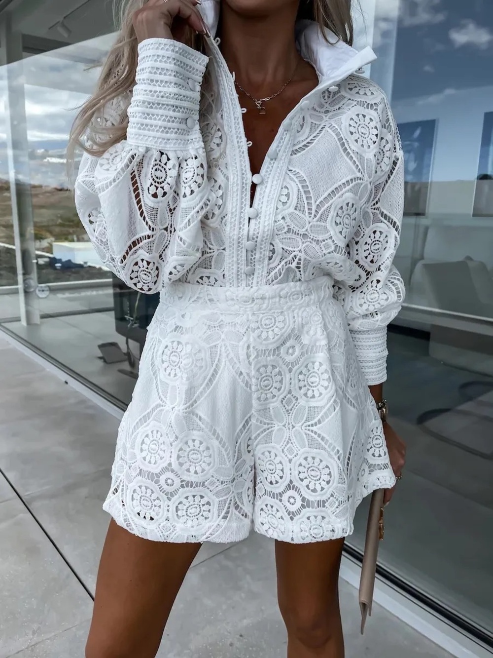 Boho Lace High Waist Short Set